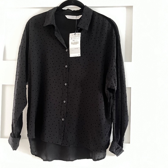 NWT Zara Black Velvet Dot Stripe Shirt Blouse - Size S - Picture 6 of 6